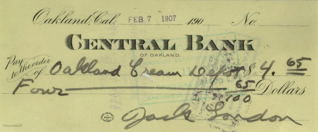 Author JACK LONDON - Check Written & Signed: Jack London (1876-1916) Author. London gained a wide audience with his first book, The Son of the Wolf. Thereafter he wrote steadily; his fifty books of fiction and nonfiction, including many romantic