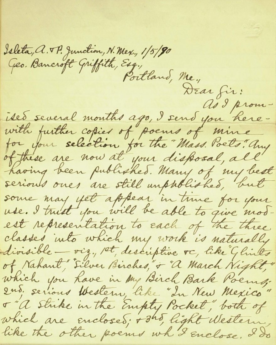 Poet CHARLES LUMMIS - ALS and Three Autograph Poems: Charles Lummis (1859-1928) Journalist, poet, historian. Lummis was one of the most flamboyant and influential personalities of his day as a book author, magazine editor, preserver of Spanish missions,