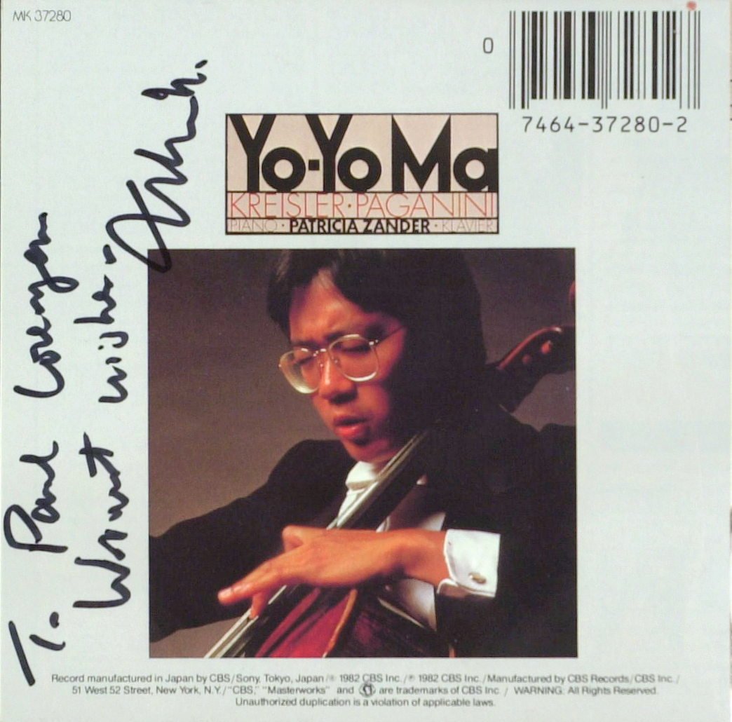 Cellist YO-YO-MA - His CD Signed: Yo-Yo Ma (1955- ) Cellist, virtuoso, orchestral composer. Ma is known around the world for his diverse and outstanding musical talent. Born to Chinese parents, he was a child prodigy and gave his firs