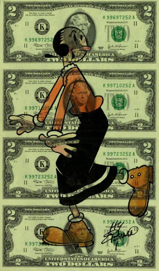 Cartoonist HY EISMAN - Sketch on $2 Bills Signed: Hy Eisman (1927- ) Cartoonist. Eisman wrote and drew the Sunday strips The Katzenjammer Kids and Popeye. 6” x 10 ½” uncut sheet of two-dollar bills with a signed color sketch of “Olive Oyl.”