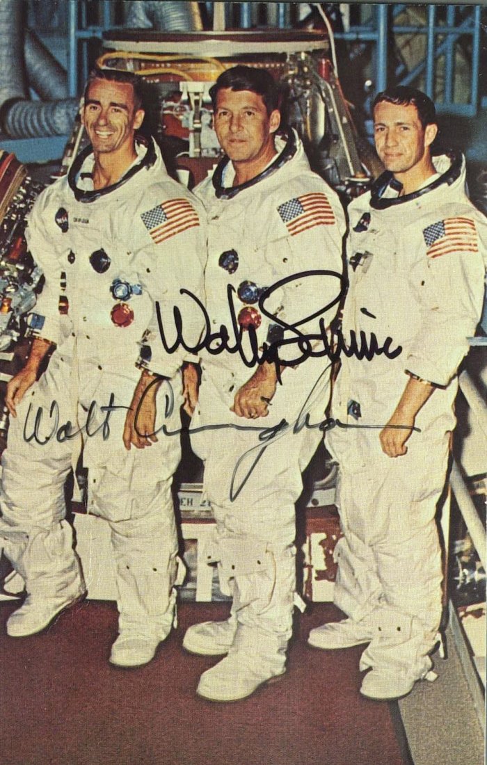 Apollo 7 -Crew Photo Signed CUNNINGHAM, SCHIRRA: Apollo 7. Apollo 7was the first manned mission in the United States Apollo space program,and the first manned space flight after a cabin fire killed the crew of Apollo 1. The crew was commanded by Wal