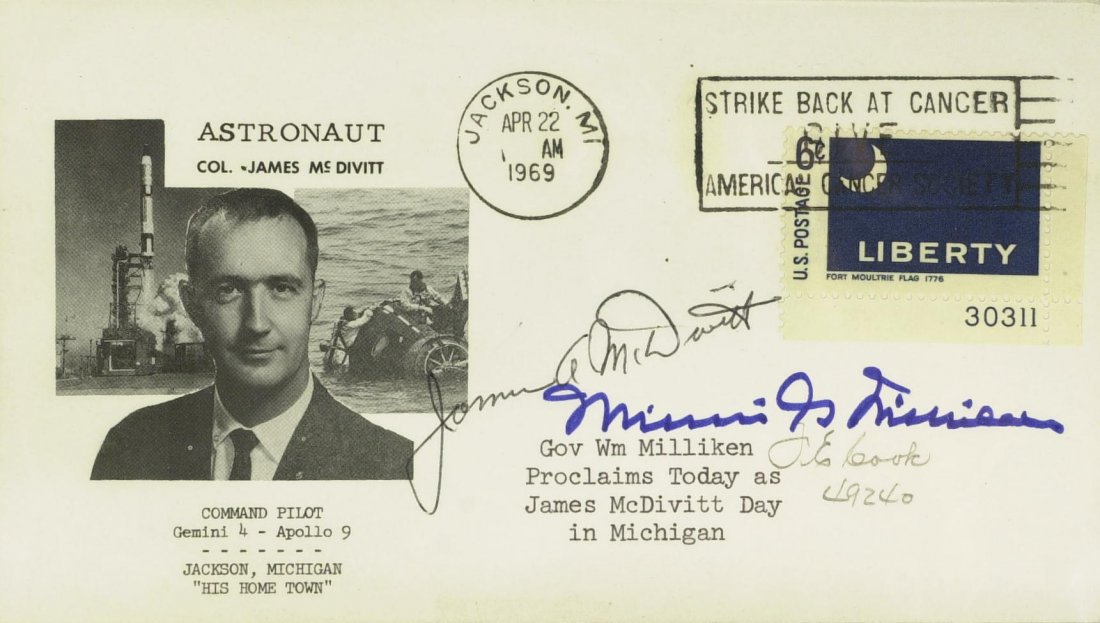 Astronaut JIM McDIVITT - Postal Cover Signed: James McDivitt (1929- ) Astronaut. McDivitt commanded the Gemini 4 flight during which Edward H. White performed the first United States extravehicular activity, and later the Apollo 9 flight which wa