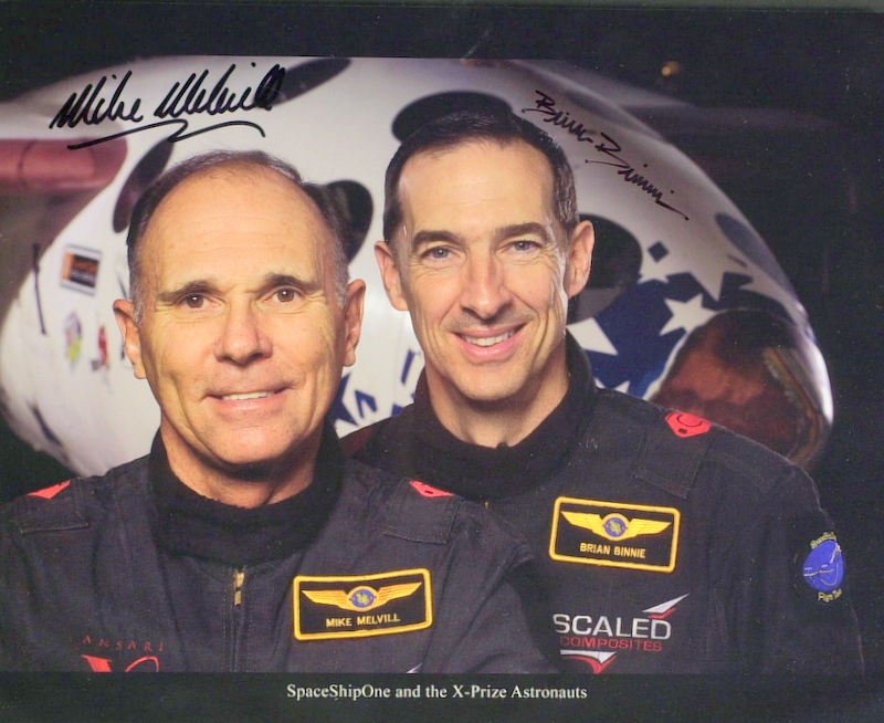 SpaceShipOne Astronauts BINNIE/ MELVILL - Photo: SpaceShipOne – X-Prize Astronauts. Mike Melvill (1940- ) and Brian Binnie (1953- ) Test pilots. Melvill was one of the test pilots for SpaceShipOne, the experimental spaceplane developed by Scaled C