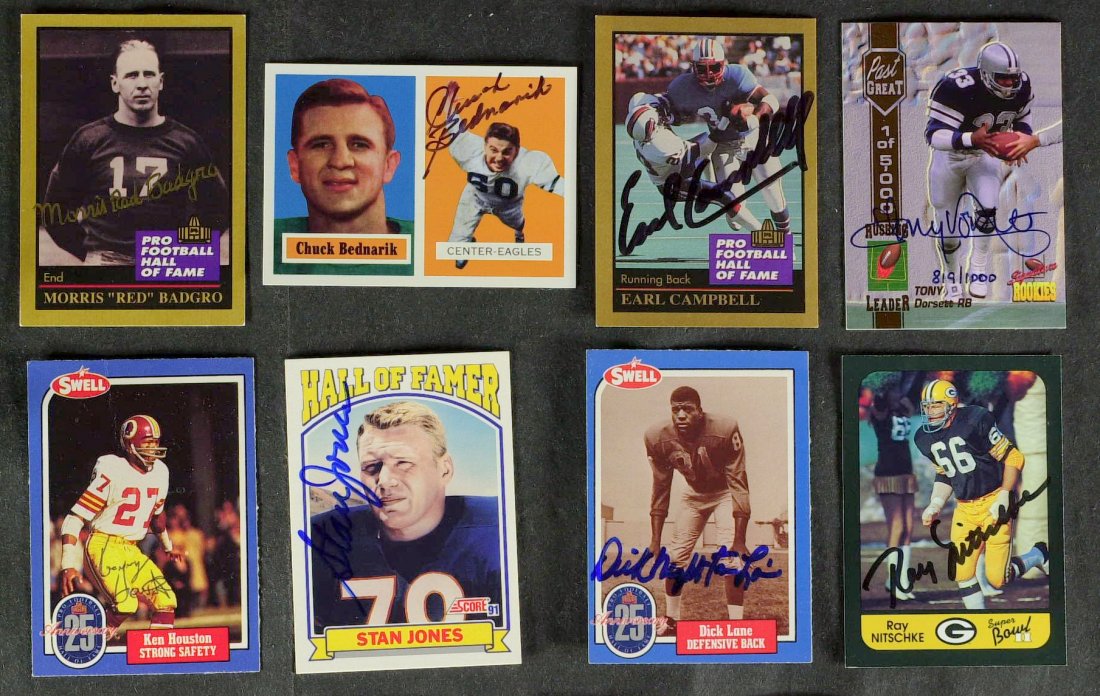 Ten Football HOFers - Trading Cards Signed: National Football Hall of Fame. Ten trading cards signed by members of the National Football League Hall of Fame: Morris “Red” Badgro (1902-1998), Chuck Bednarik (1925- ), Earl Campbell (1955- ), 