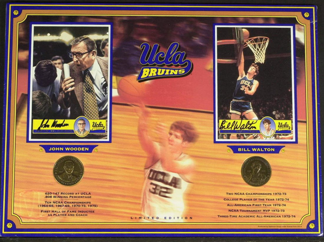 JOHN WOODEN and BILL WALTON - Trading Cards Signed: John Wooden and Bill Walton. Two 4” x 6” color trading cards, signed. The cards are mounted to a special limited edition 16” x 12” card with bronze tokens honoring each former Bruin. A defacin