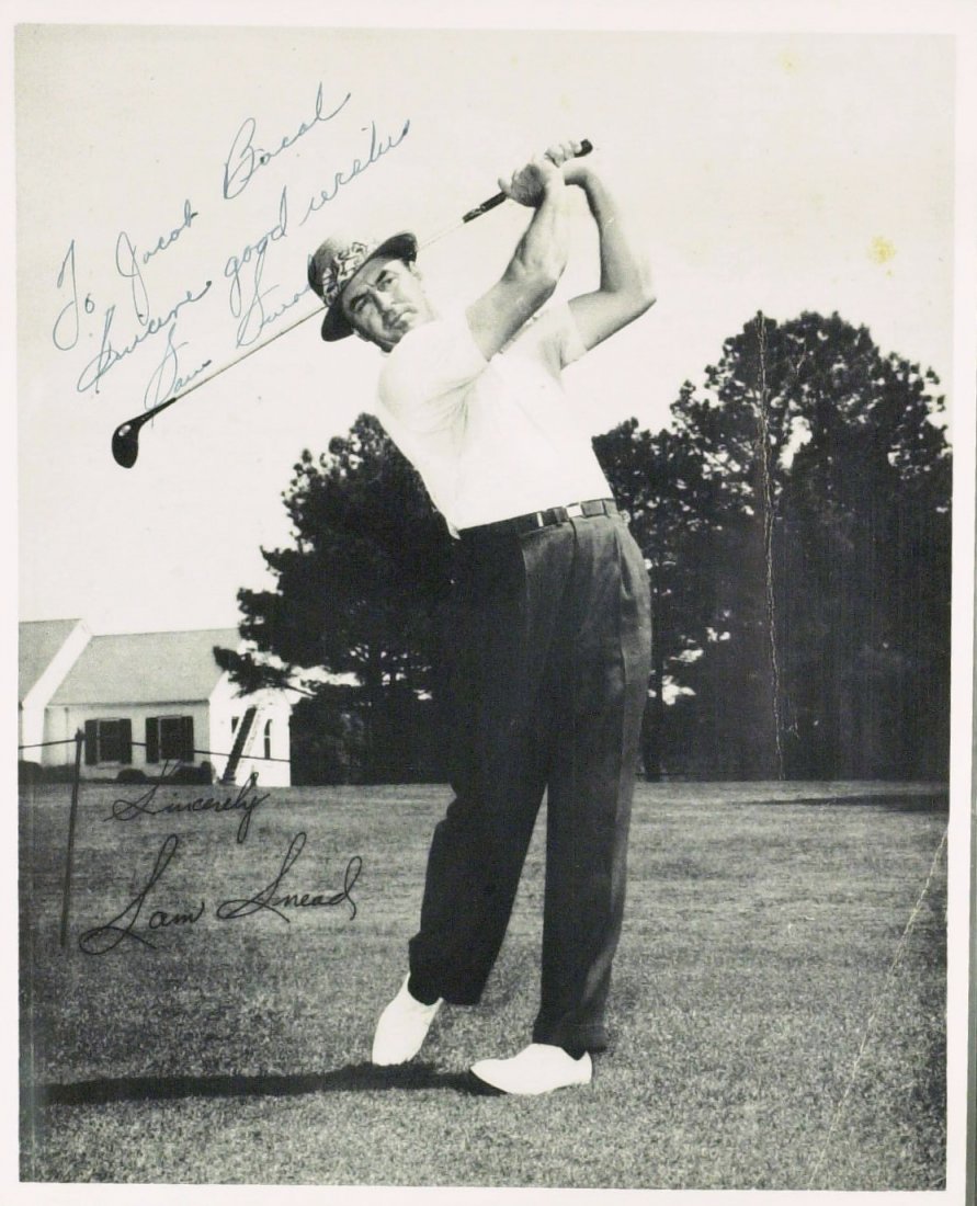Golfer SAMMY SNEAD - Photograph Signed: Sam Snead. 8” x 10” black and white photograph signed, “To Jacob Bacal Sincere good wishes Sam Snead.” There is also a printed signature and a fold in the right margin.