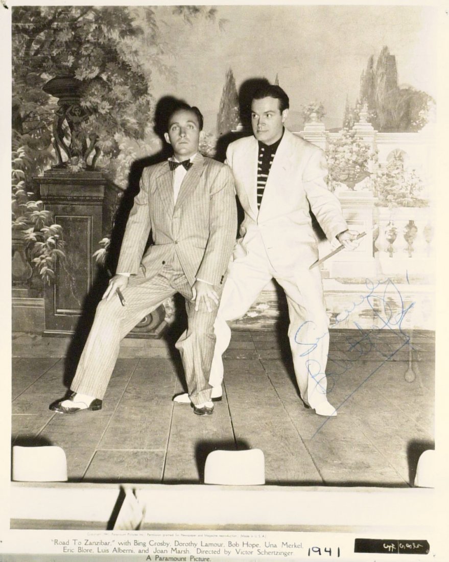 Comedian BOB HOPE - Movie Still With Crosby Signed: Bob Hope. 8” x 10” black and white promotional movie still, with Bing Crosby, from their 1941 film, Road to Zanzibar, signed “Sincerely, Bob Hope.”