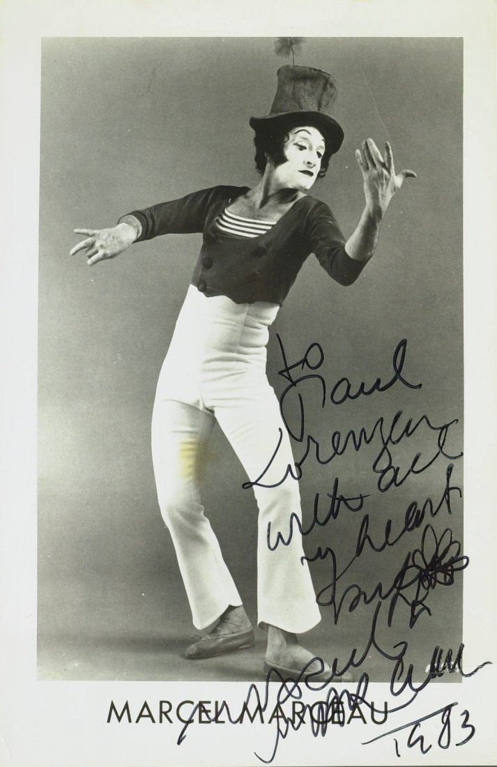 French Mime MARCEL MARCEAU - Photo Signed: Marcel Marceau (1923-2007) French mime. Marceau was noted for his eloquent, deceptively simple portrayals, including his celebrated white-faced character Bip, reminiscent of Pierrot and of Charlie Cha