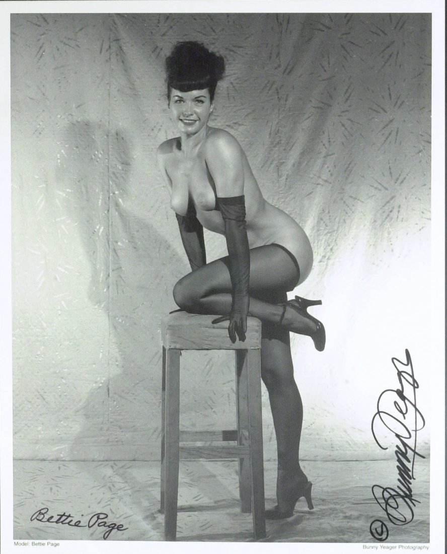 BETTIE PAGE - Nude Photo Signed also BUNNY YEAGER: Bettie Page. 8” x 10” black and white topless photograph of Page signed, “Bettie Page” also signed by Yeager.