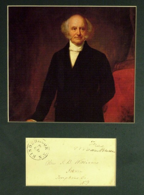 MARTIN VAN BUREN - FF Signature Matted: Martin Van Buren (1782-1862) 8th President. 5â€ x 2 Â½â€ (exposed) envelope with a free frank signature, â€œFree M VanBuren.â€ Matted with a color printed photograph to 11â€ x 14â��