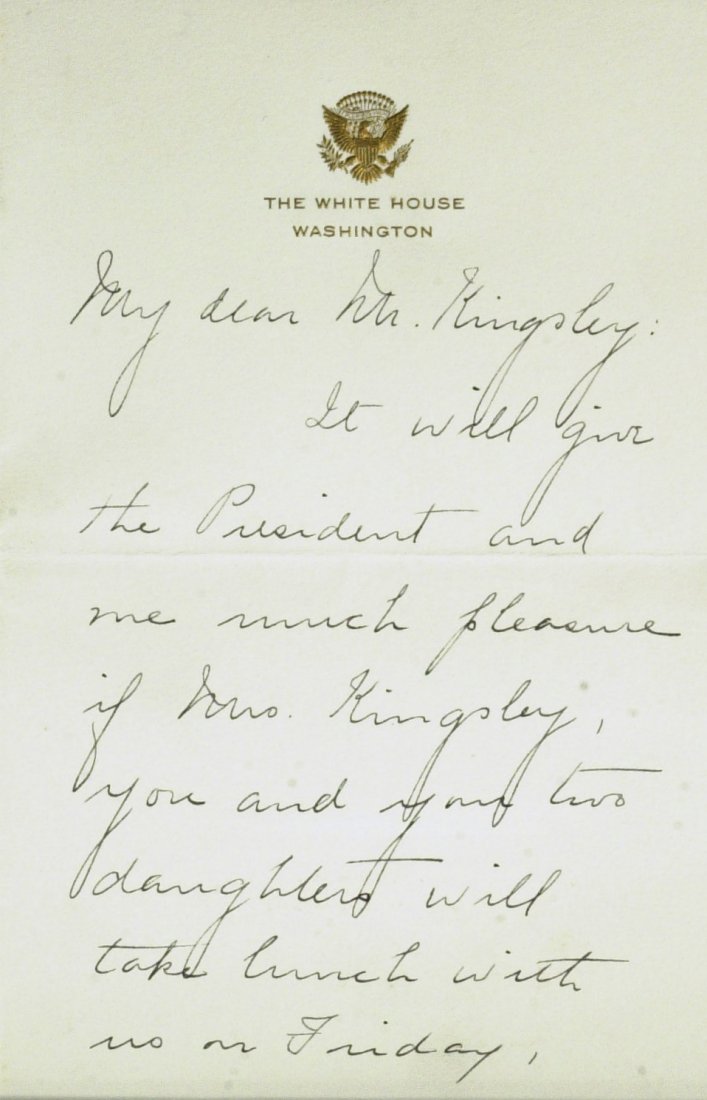 GRACE COOLIDGE - ALS The White House: Grace Coolidge (1879-1957) First Lady. 4 Â½â€ x 6 Â¾â€ autograph letter signed, two conjoined pages, The White House, February 22, 1926, to Mr. Darwin P. Kingsley. â€œâ€¦It will give