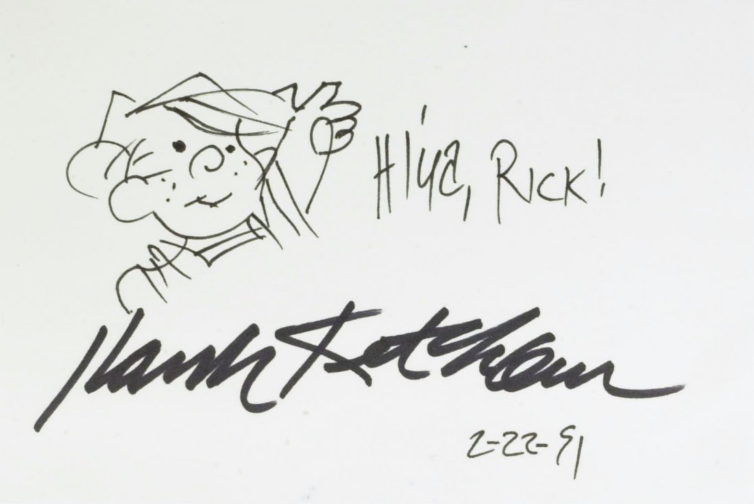Cartoonist HANK KETCHUM - Dennis Sketch Signed: Hank Ketcham. 6â€ x 4â€ card with an original sketch of Dennis signed, â€œHiâ€™ya Rick! Hank Ketcham 2-22-91.â€