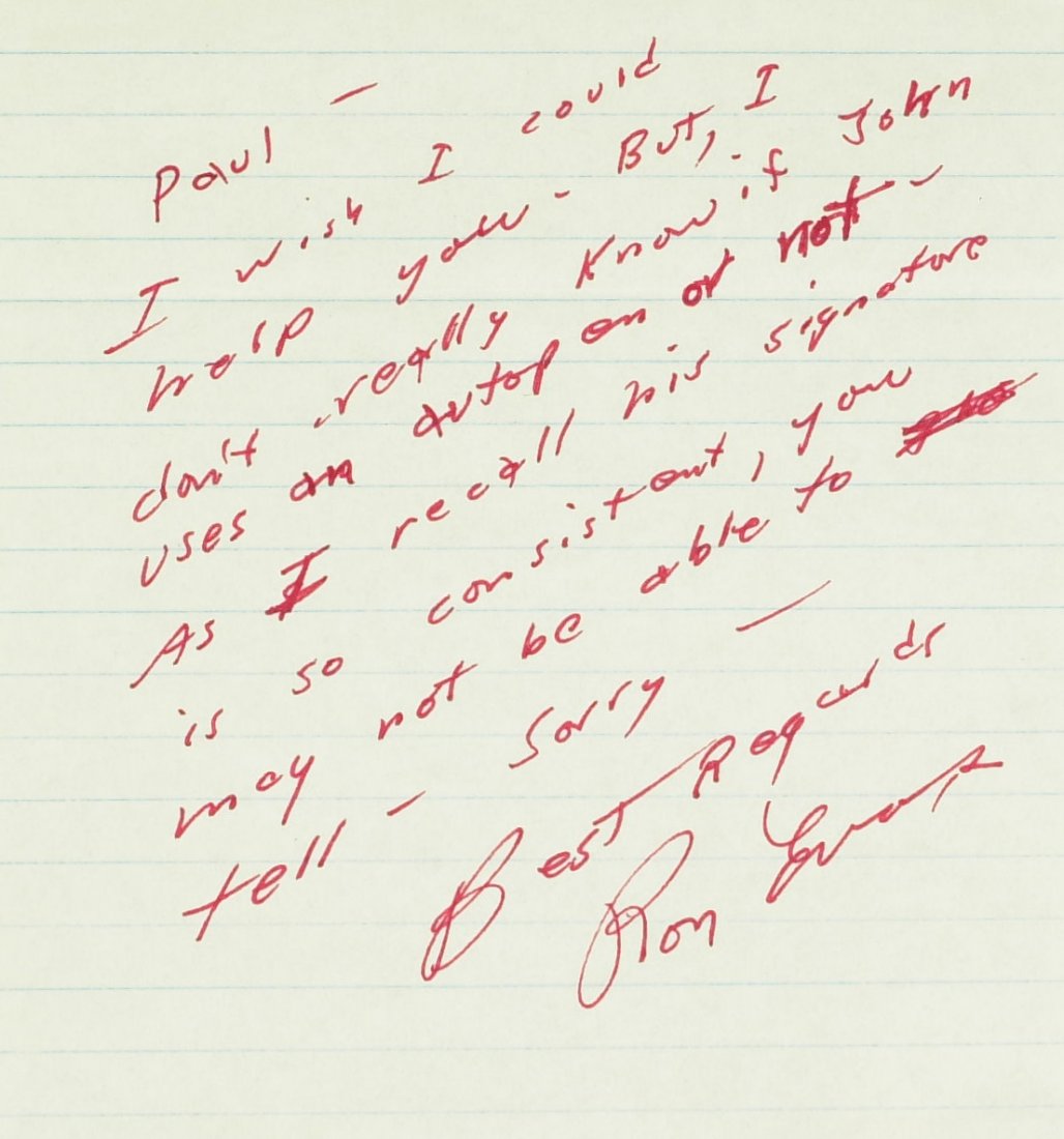 Astronaut RON EVANS - ALS Autopen Content: Ron Evans. 4 Â½â€ x 4 Â¾â€ autograph letter signed, red ink on lined paper, no place or date. â€œâ€¦I donâ€™t really know if John uses an autopen or not â€“ As I recall his