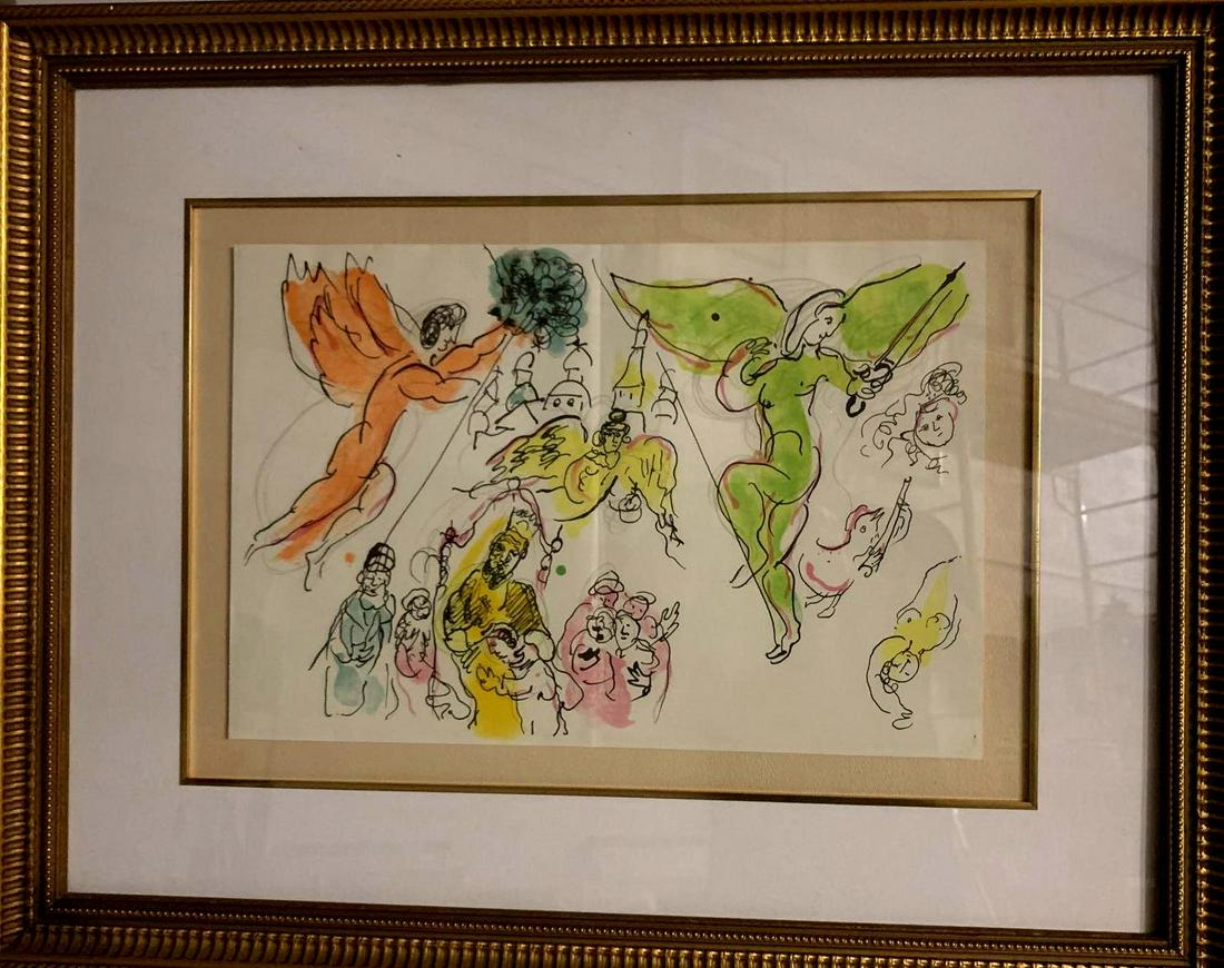 Marc Chagall (1887-1958). Les anges de L'Opera Garnier.: Marc Chagall (1887-1958)Description: Les anges de L'Opera Garnier.Lithograph set on stone by Sorlier after a gouache by Chagall. Printer: Atelier Mourlot. On Vellum paper Size: 33 x 49 cm. (12 7/8 X 1