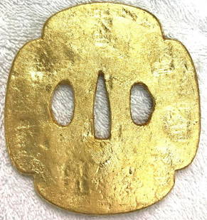 Tsuba: Iron TSUBA with gold leaves 18 k DIMENSIONS: 8,5 cm X 8 cm 