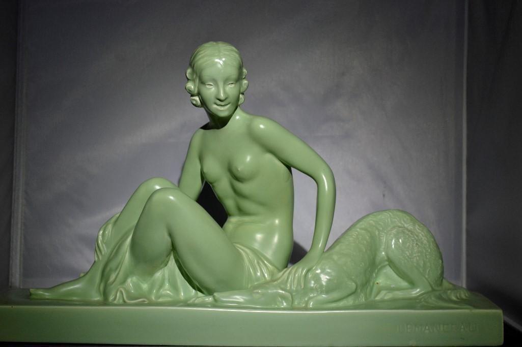 Charles Lemanceau French Art Deco Ceramic: Charles Lemanceau French Art Deco Ceramic French Art Decoglaze ceramic "La FEMME Nue et Le LEVRIER" Charles Lemanceau , circa 1935. Signed "Lemanceau" Dimensions H 12.1/4 in. x W 2