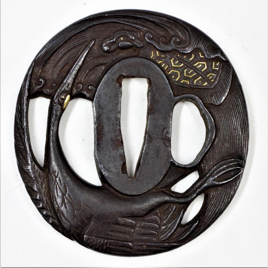 TSUBA: Turtle and Crane motif, Japanese sword Tsuba, ocean waves, gold accents. Dimensions: 65 mm X 63 mm