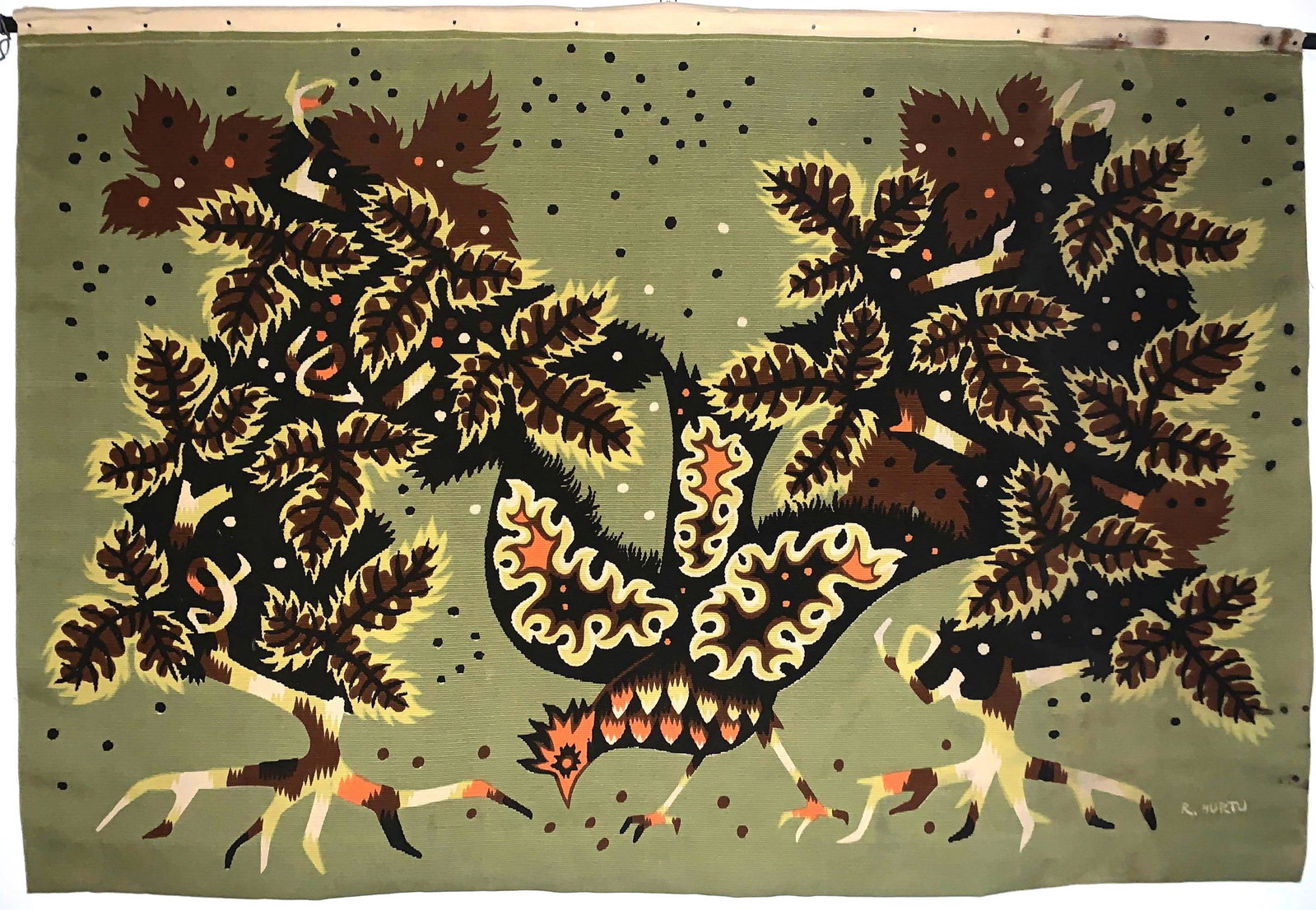 Vintage Mid-Century Moderne Tapestry by French Artist: French tapestry by Raymond Hurtu Contrasting pattern and colors, signed R. HURTU. Dimensions : 160