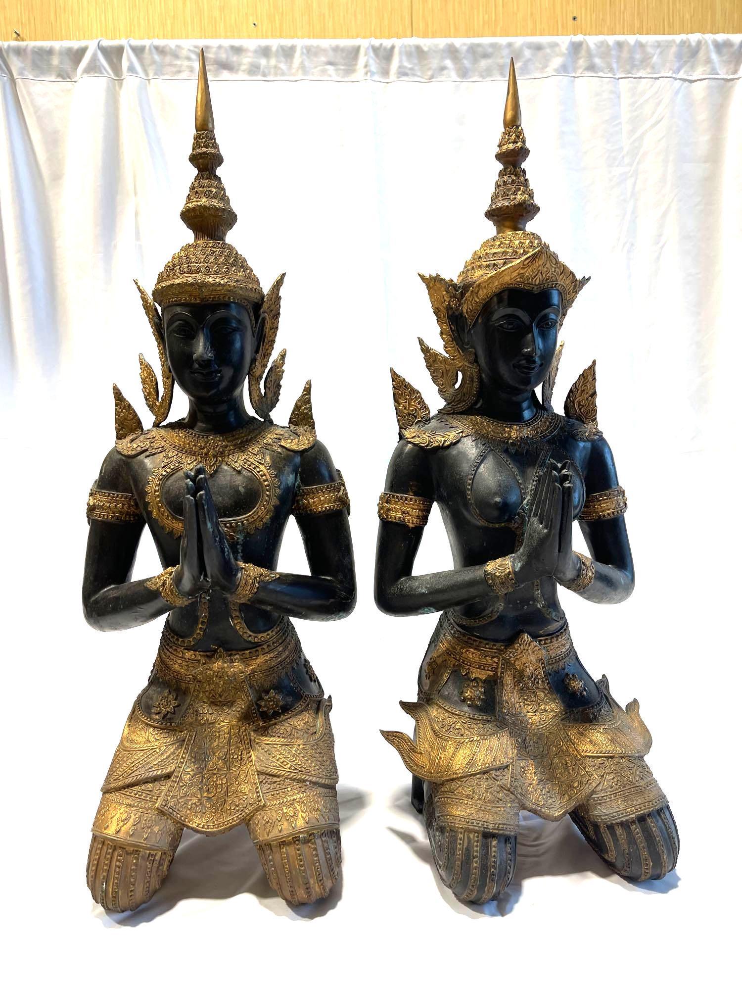 Asian Gilt Bronze Pair of Teppanom kneeling Thai Sacred: Asian Gilt Bronze Pair of Teppanom kneeling Thai Sacred Angels Small gilt Kneeling Thai Buddhist gatekeeper male and female angels kneeling praying. Intricate Asian bronze Thai Teppanom kneeling Angel