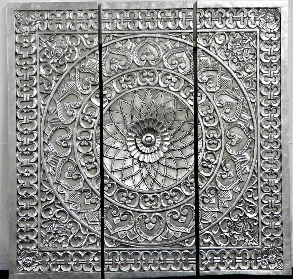 Carved wood triptych wall panel decor (1 of 3)