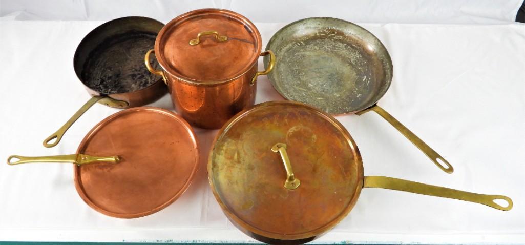 Copper pots vintage five-piece, (1 of 4)