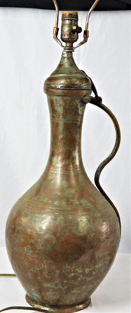 Middle eastern copper pitcher with fixed hinged lid and modify to lamp (1 of 7)