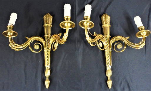 FRENCH GILT BRONZE LOUIS XVI STYLE SCONCES: Pair of French bronze Louis XVI style sconces, late 19th century France, dore bronze wall sconces with 2 arms attached to a reeded quiver column topped by a torchiere pediment top, decorated within