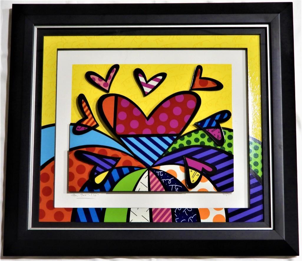 Romero Britto, I love this Land, 2014, three-dimensional giclee: Romero Britto (Brazilian, b. 1963), I love this Land, 2014, three-dimensional giclee construction in color with cut-outs in serigraphy, pencil signed lower left by the artist , edition 90 / 750, Accom