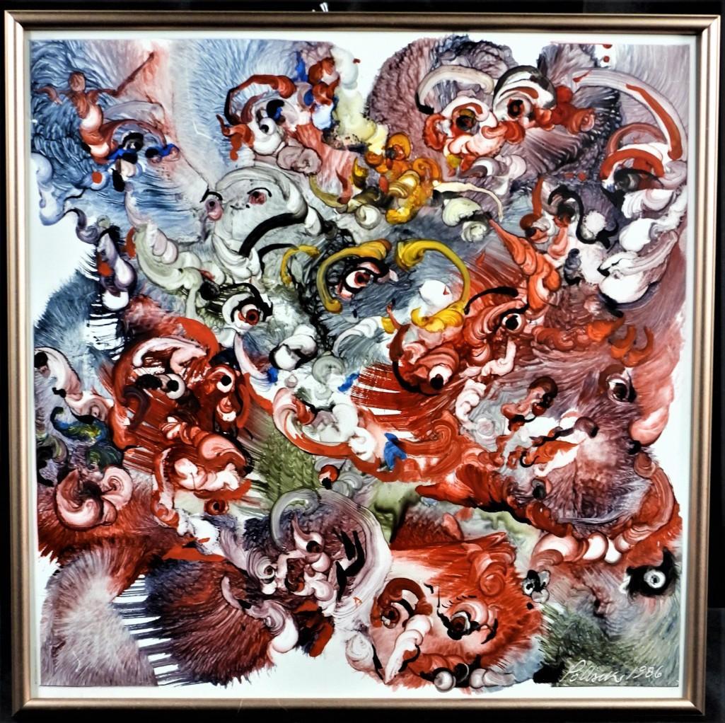 REGINALD POLLACK, OIL ON MASONITE: Reginald Pollack, 1924-2001, "Faces & Configuration", 1986, Acrylic on Masonite, signed and dated , verso signed, dated and titled Pollack was born to Hungarian immigrants in Middle Villag