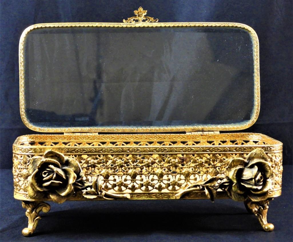 Antique Ormolu Jewelry Casket Box With Roses And Beveled Glass (1 of 12)