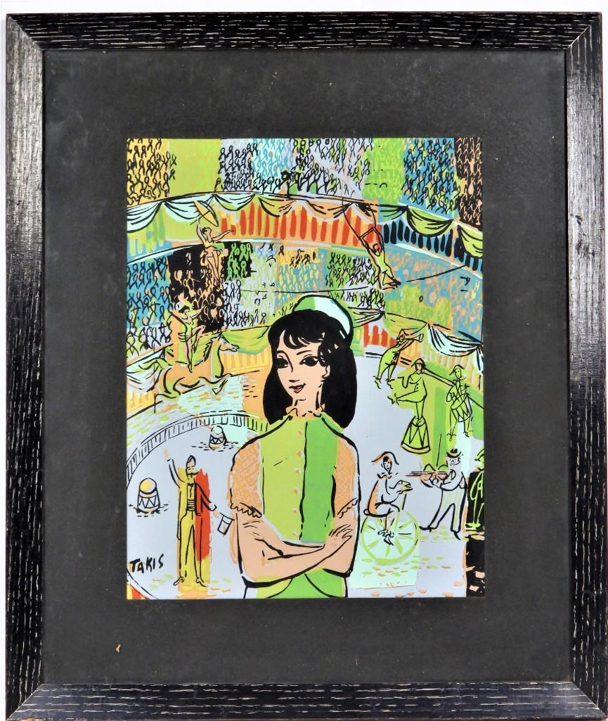Nicholas Takis American-New York (1903-1965) Title CIRCUS: Nicholas Takis American-New York (1903-1965) Title CIRCUS Signed TAKIS lower left DIMENSIONS with frame : Height 20 inch / 51 cm Length 17 inch / 43 cm DIMENSIONS with out frame: