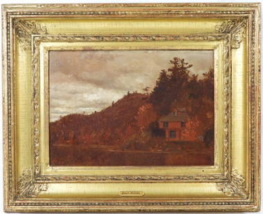 Jervis Mcentee, American (1828-1891) Oil on Canvas: Oil painting on canvas by New York artist, Jervis Mcentee (1828-1891) entitled on reverse &#34;Maurice Cottage, Adirondacks&#34; and signed with his monogram on the lower left. DIMENSIONS with frame :