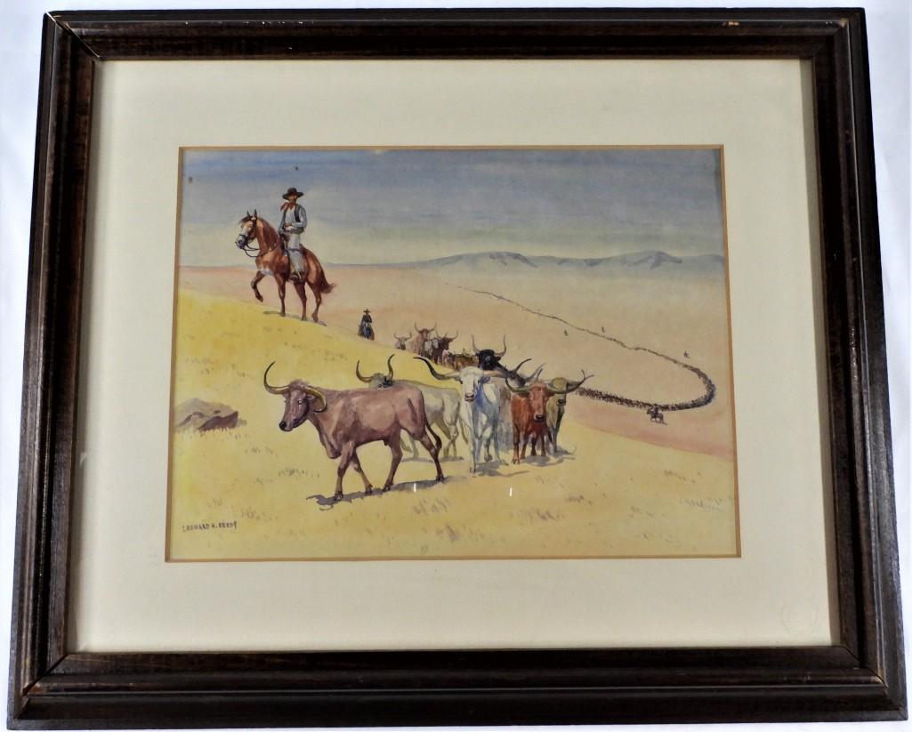 LEONARD HOWARD REEDY (AMERICAN 1899-1956): Leonard Howard Reedy (American 1899-1957) titled Cowboys herding cattle, watercolor on paper signed lower left Leonard Reedy was a landscape and figure painter, born in Chicago, Illinois, April 24, 18