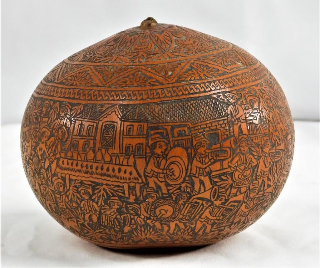 PERUVIAN CARVED FOLK ART GOURD SIGNED (1 of 6)