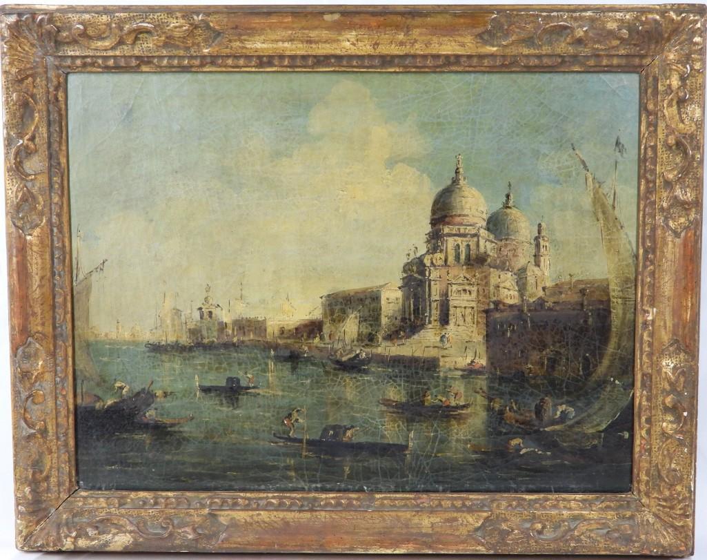 Manner of Francesco Guardi Venice Framed Oil on Canvas: 18/19th Century Oil Painting. In the manner of Francesco Lazzaro Guardi. 'Venice'. Oil on canvas. Good condition, painting has craquelure throughout. See photos. Unsigned. DIMENSIONS with fram