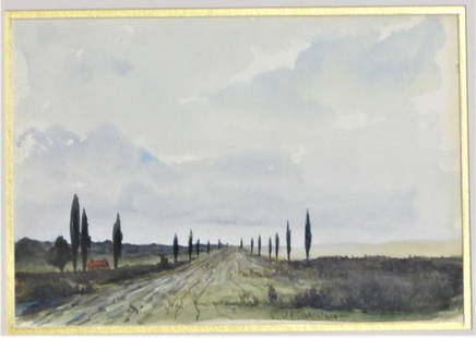 Framed watercolor signed J H Twachtman: JOHN HENRY TWACHTMAN, American 1853-1902, “ landscape”, watercolor DIMENSIONS with frame : Height 16 inch / 41 cm Length 22 inch / 56 cm DIMENSIONS with out frame: Height 6
