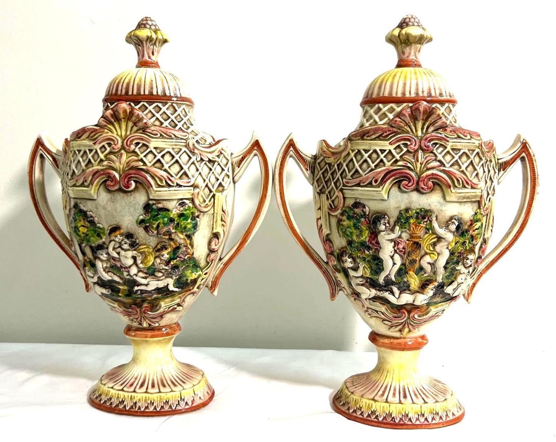 Pair of Capodimonte Porcelain covered Urns. (1 of 14)