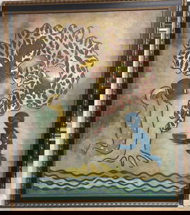 Manuel Mendive (Havana, 1944) Acrylic on Canvas, signed and dated: A Manuel Mendive acrylic on canvas, Titled; OBRENDA depicting three humanoid figures, and birds decorated with cowshells , signed "Mendive 2003". Laminated certificate of authenticity included and sig