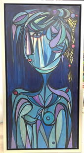 Framed Oil on Canvas signed Jose MIJARES (1921-2004) Cuban: Framed Oil on Canvas signed Jose MIJARES (1921-2004) Cuban, Titled MUJER EN AZUL with COA DIMENSIONS with frame : Height 51.25 inch / 130 cm Length 27.25 inch / 69,4 cm DIMENSIONS with o