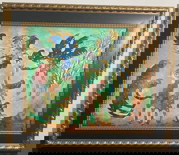 Manuel Mendive (Havana, 1944) Acrylic on Canvas signed and dated with COA.: Manuel Mendive (Havana, 1944) Acrylic on Canvas signed and dated with COA. A Manuel Mendive acrylic on canvas, Titled; EL DIALOGO depicting humanoid figures,, signed "Mendive 2003". Laminated certific