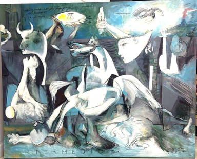 Mixed media on canvas signed Candida RODRIGUEZ (CUBAN): Candida Rodriguez titled "Homenaje a Picaso y Guernica" Mixed Media on Canvas, Signed and dated 2022 with COA from the Artist DIMENSIONS : Height 48 inch / 122 cm