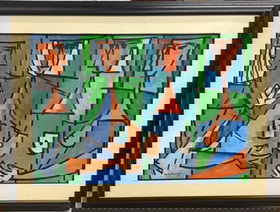 Gouache on Paper laid down on Masonite attributed Cundo Bermudez (Cuban 1914-2008): Framed Gouache on Paper laid down on Masonite attributed Cundo Bermudez (Cuban 1914-2008) signed and dated 54 lower left , titled CUATRO NUJERES DIMENSIONS with frame : Height 38.50 inch / 97,7 cm