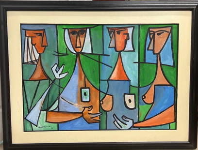 Gouache on Paper laid down on Masonite attributed Cundo Bermudez (Cuban 1914-2008): Framed Gouache on Paper laid down on Masonite attributed Cundo Bermudez (Cuban 1914-2008) signed and dated 54 lower left , titled CUATRO NUJERES DIMENSIONS with frame : Height 38.50 inch / 97,7 cm