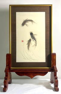 Chinese Table Screen, double sided Silk Embroidery with Fish: Chinese Table Screen, double sided Silk Embroidery with Fish DIMENSIONS : Height 20.10 inch / 51 cm Length 13.30 inch / 34,5 cm DIMENSIONS with Stand : Height 25.70 inch / 65 cm