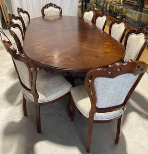 Extensive dining table with chairs: Dining table + 10 chairs + 2 arm chairs Table: Height 30.5 inch Length 94 inch Width 46.5 inch Chairs: Height 40 inch Width 19 inch Arm chairs: Heig
