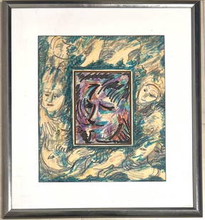 TOMAS MARAIS (1931-2004) Cuban, Mixed media, Watercolor and crayon on paper.: TOMAS MARAIS (1931-2004) Cuban,Title; Caras sobre caras, Mixed Media , Watercolor and crayon on paper, Signed in the center Tomas Marais DIMENSIONS with frame : Height 33.50 inch / 85 cm Length
