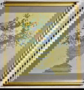 Framed Urn of Flowers Commemoration, elaborate floral bouquet: Framed Urn of Flowers Commemoration, elaborate floral bouquet including , watercolor and mixed media, gilt frame. DIMENSIONS with frame : Height 28.50 inch / 72 cm Length 25.25 inch / 64,5 cm