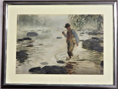 Watercolor on paper unsigned fishing Early morning Mist: Watercolor on paper unsigned fishing Early morning Mist, possibly F Benson DIMENSIONS with frame : Height 20 inch / 51 cm Length 26 inch / 66 cm DIMENSIONS with out frame: Height
