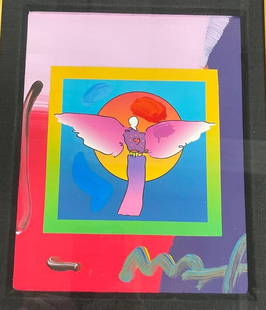 Peter Max Mixed Media Acrylic on paper "Angel with Sun on Blends" 2006: Peter Max Mixed Media with Acrylic painting and color lithography on paper "Angel with Sun on Blends" 2006 signed in acrylic. A Unique Work . Accompanied by Certificates of Authenticity by Par