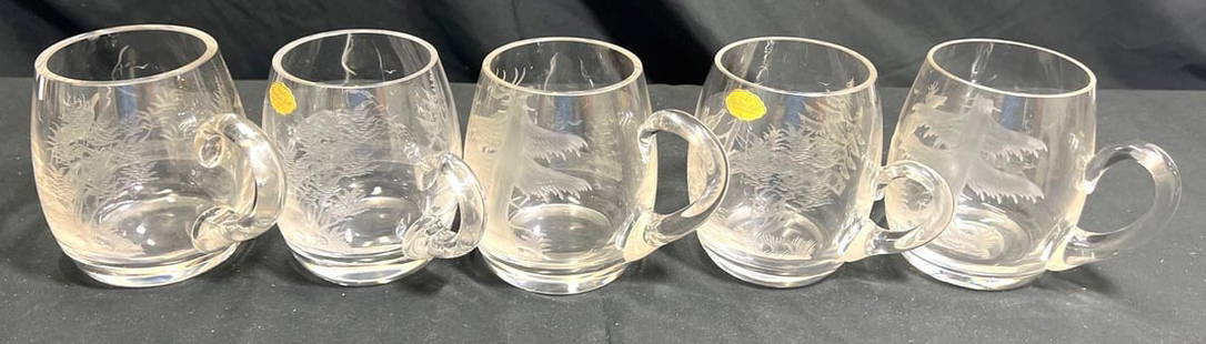 5 Vintage Crystal Beer Mug Drinking Glass Etched with Animals and Trees, hunt scene from Germany.: Five Vintage Crystal Beer Mug Drinking Glass Etched with Animals and Trees, hunt scene from Germany. DIMENSIONS :Height: 4.75 inch / 12 cm Top Diameter : 3.25 inch / 8,4 cm<